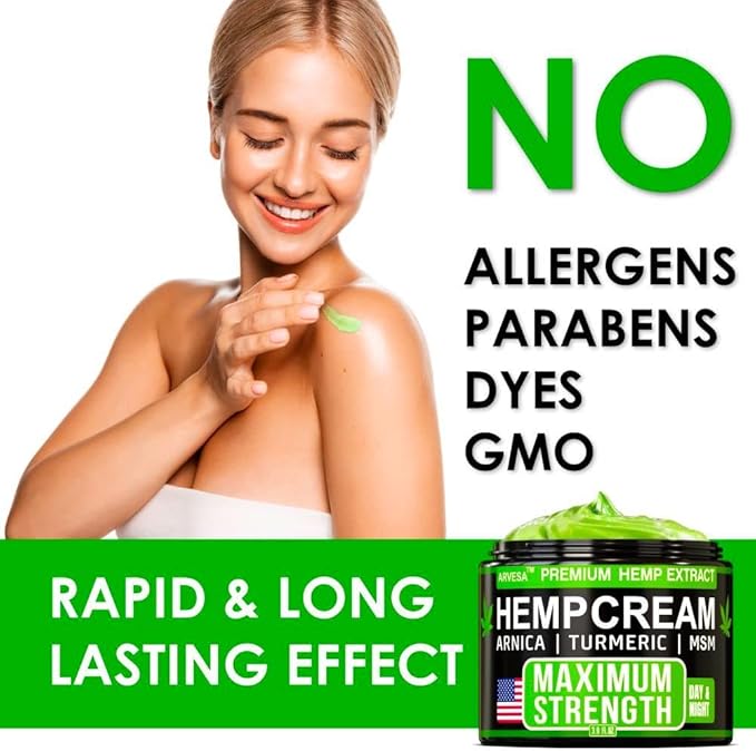 Hemp Cream - Maximum Strength - Natural Hemp Oil Extract Gel Rub with MSM - Glucosamine - Arnica - Turmeric - Maximum Strength - Formulated in USA - 3.9 oz