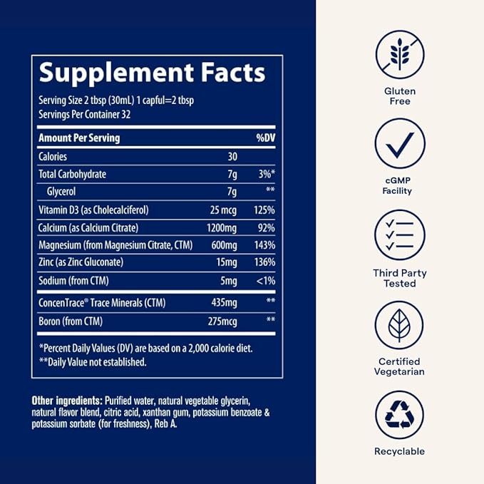 Trace Minerals | Liquid Cal/Mag/Zinc | Calcium, Magnesium, Zinc, Vitamin D3 Supplement | Supports Normal Tissue, Muscle, and Bone Density | Natural Piña Colada Flavor | 32 Servings, 32 fl oz.