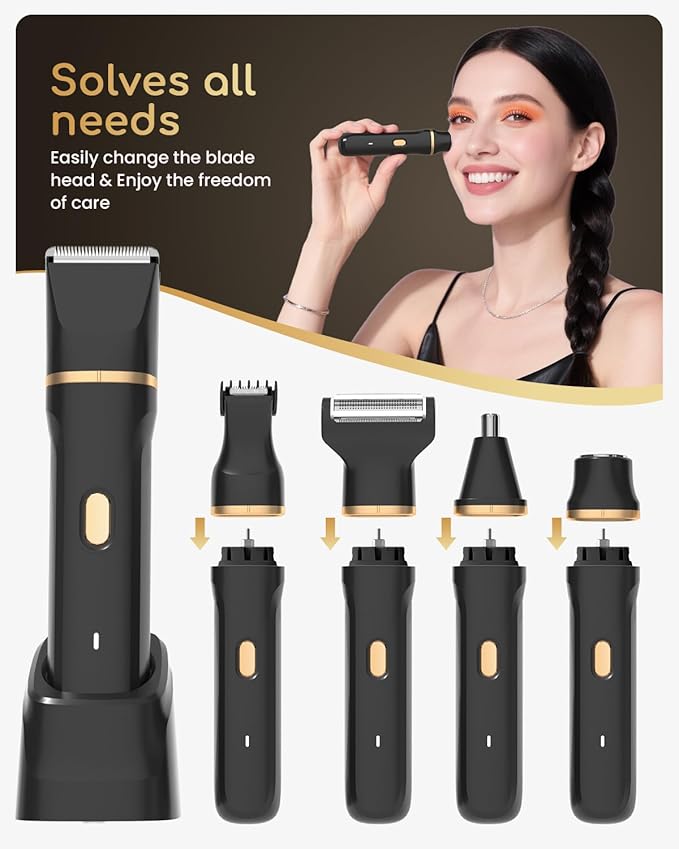 Bikini Trimmer for Women - 5 in 1 Painless Electric Razors for Ladies Pubic Facial Nose Body Leg Hair Removal, Waterproof Electric Shaver for Women Private Area Sensitive Skin,Personal Hair Trimmer