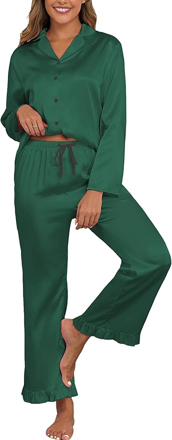 Veseacky Womens Satin Pajama Set Silk Pjs Button Down Long Sleeve Sleepwear Loungewear Sleepwear 2 Piece Pjs Set S-XXL