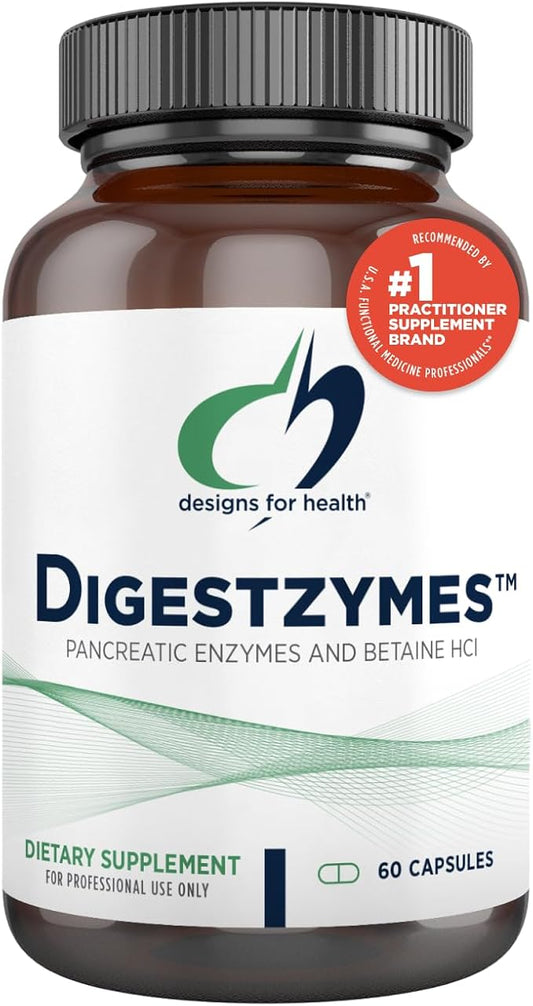 Designs for Health Digestzymes - Digestive Enzymes + Betaine Hydrochloride for Gas & Bloating Relief - Pepsin, Ox Bile, Lactase Enzyme & Lipase Enzymes for Digestion (60 Capsules)