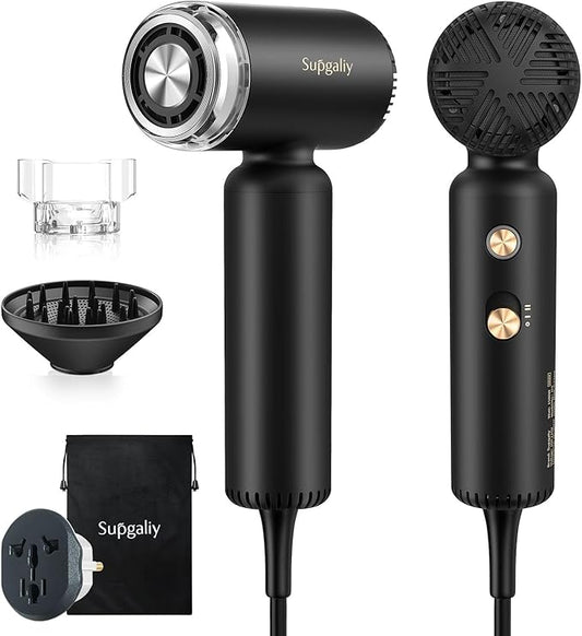 Dual Voltage Hair Dryer, High-Speed Ionic Blow Dryer for Fast Drying, Travel Compact Hair Blow Dryer with Magnetic Curly Diffuser for Home, Portable Hairdryer International 110-240V