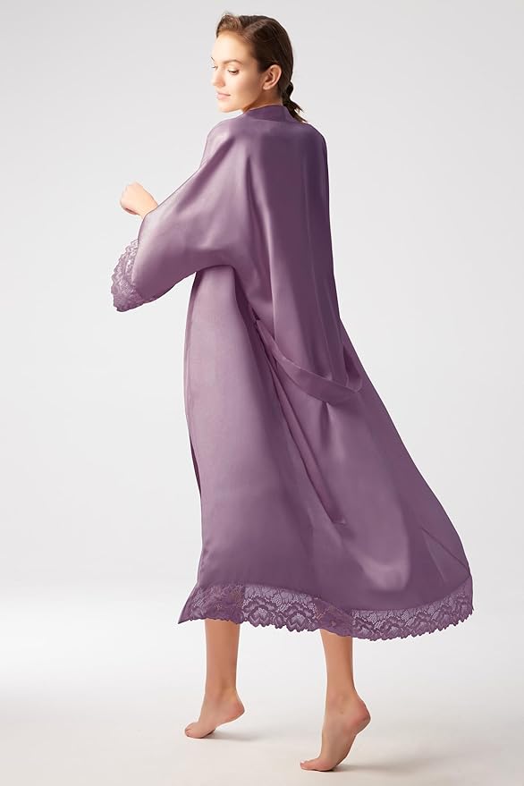 BABEYOND Satin Kimono Robe Silky Long Bridesmaid Wedding Lightweight Bath Robe with Lace Trim