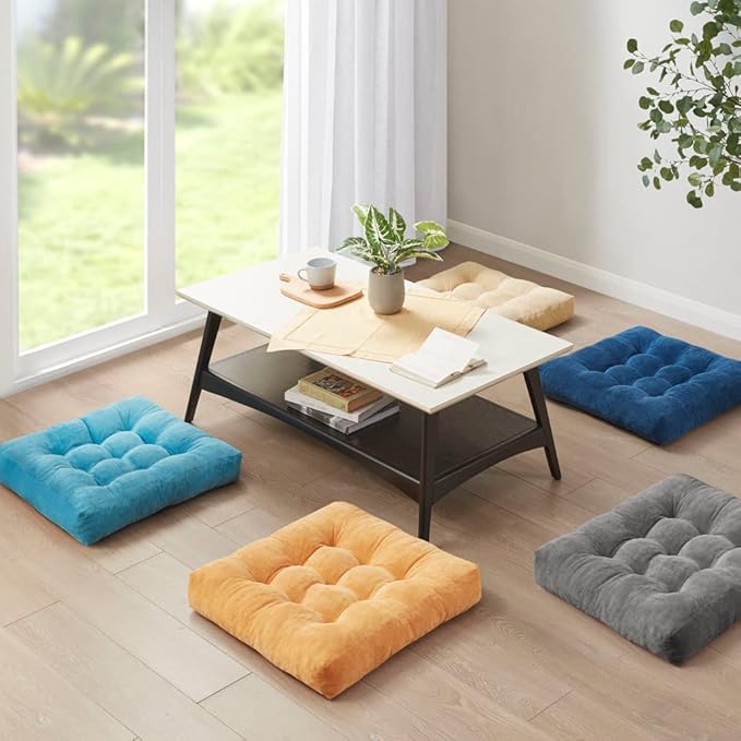 Degrees of Comfort Meditation Floor Pillow Set of 2, Square Large Pillows Seating for Adults, Tufted Corduroy Cushions for Balcony Outdoor Tatami Living Room, Orange Yellow, 22x22