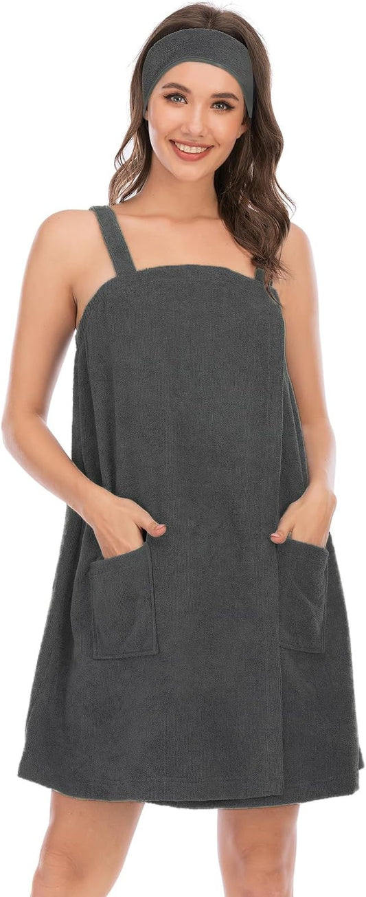 Veseacky Women Bath Wrap Towel for Womens Shower with Pocket Adjustable Spa Robe & Facial Headband