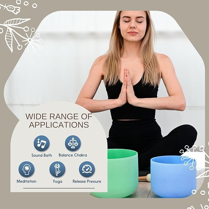 6-12inch Color 432hz Quartz Crystal Singing Bowls Set of 7, for Healing Mindfulness Meditation Yoga Sound Baths with Case Mallet Suede Striker