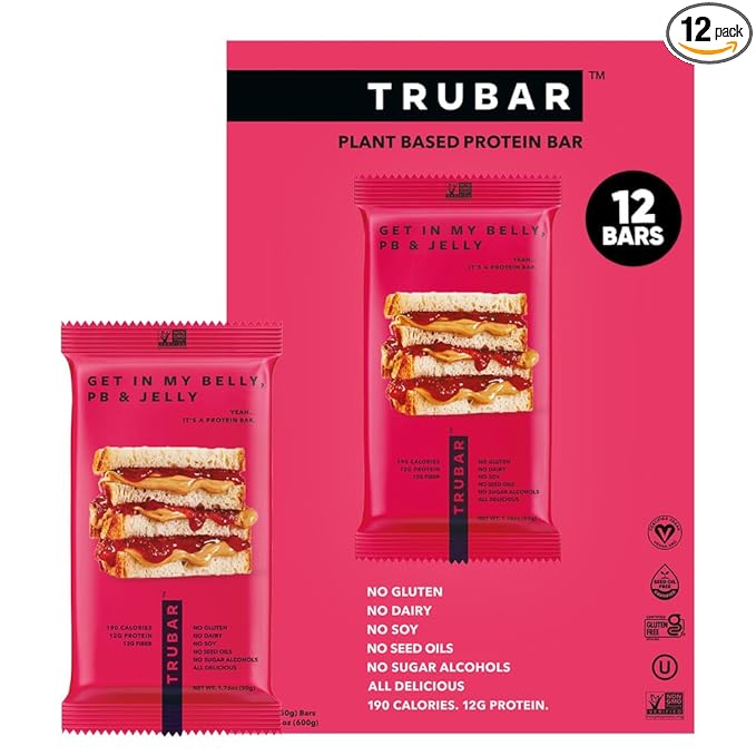 TRUBAR Vegan Protein Bar, Get In My Belly Pb & Jelly, Gluten Free, Plant Based, High Fiber, Dairy Free, Low Fat, Non GMO, No Sugar Alcohols, 12G Lean Protein, 13G Fiber, Healthy Snack Bars, 12 CT