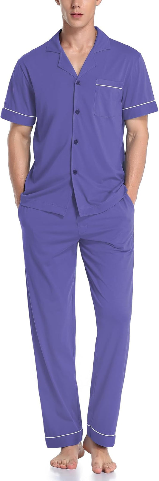 COLORFULLEAF Men's 100% Cotton Pajamas Set Button Down Sleepwear Short Sleeve and Long Pants Pjs