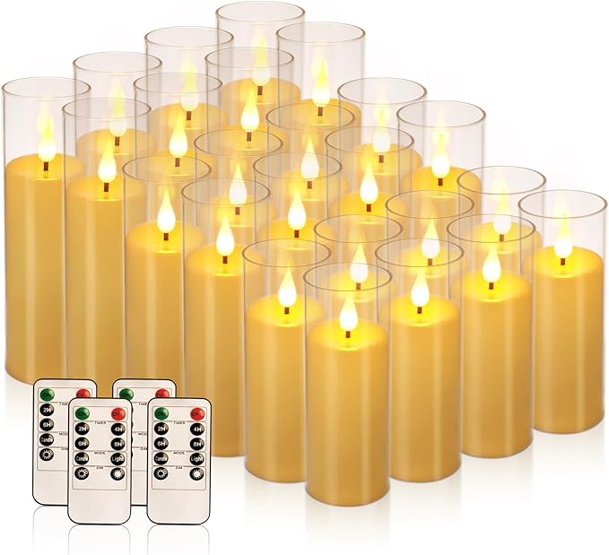 24-Pack Acrylic LED Flameless Pillar Candles with Remote & Timer, Battery Powered - Perfect for Indoor/Outdoor Decor,Wedding,BBQ and Gift - Easily Create a Magical Atmosphere.(Ivory)