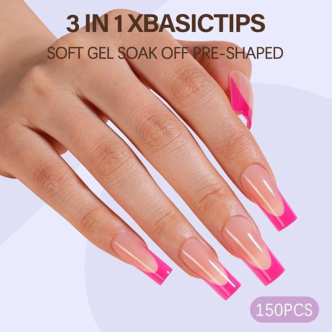 Misssix XBASICTIPS French Tip Press On Nails, 300Pcs Red French Gel Nail Tips Long Square, Soft Gel Pre-shaped No Need to File 3 in 1 Tips, Fake Nails for Nail Art DIY Extension Designs 15 Sizes