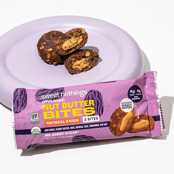 Sweet Nothings, Oatmeal Raisin, USDA Organic Nut Butter Bites Protein Bar, Nut & Date Snack, Filled with Peanut Butter, 12-2 Bite Value Packs - No Added Sugar, Good Source of Fiber, Only 7 Ingredients