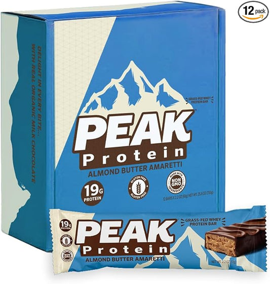 PEAK PROTEIN BARS - Almond Butter Amaretti - Natural - Grass-Fed Whey - 19G Protein - Non-GMO - Gluten Free - Organic Milk Chocolate (12 Bars)