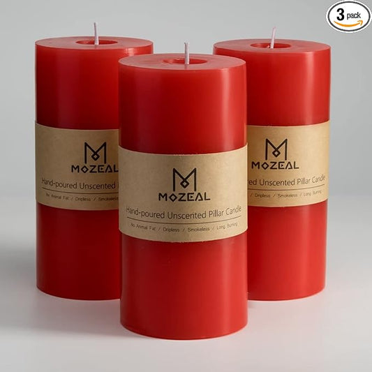 MOZEAL 3" x 6" Hand-Poured Unscented Candle,Dripless Pillar Candle Set of 3,Long Lasting Burning,Approx 120 Hours Burn Time,Rustic Country Style,for Wedding,Dinner,Christmas and Home Decor,Red