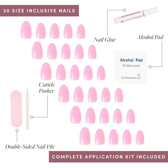 Glamnetic Press On Nails - Think Pink | Solid Opaque Light Pastel Pink Short Oval Nails, Salon Quality | 15 Sizes - 30 Nail Kit