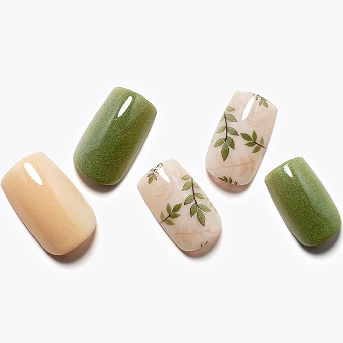 Press on Nails Medium Short Square GLAMERMAID, Amber Green Ferns Fake Nails with Design Cute Acrylic False Nail Kits Stick Glue on Nails Sets for Women Reusable Full Cover Gel Nails 24Pcs