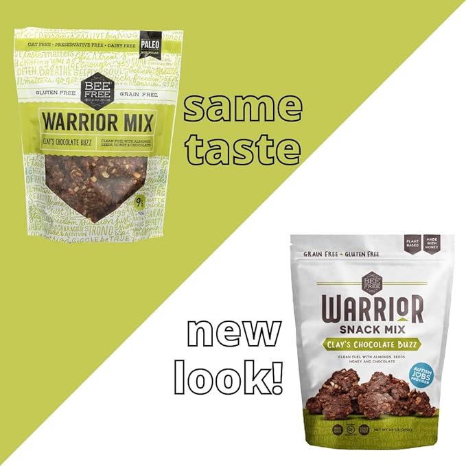 BeeFree Warrior Mix Gluten Free Granola - Chunky Granola Bites | Paleo Granola, Low Carb, Grain Free, Preservative Free, Oat Free | Granola for Yogurt, Low Calorie Snacks | Clay’s Chocolate Buzz, 9 Ounce Bags, 3 Pack