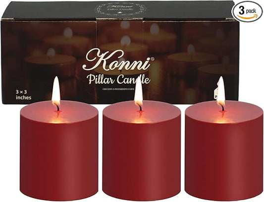 KONNI Dark Red Pillar Candles Set of 3, 3"x 3" Unscented Pillar Candles Bulk, 30 Hours Long Burning Candles, Smokeless&Dripless Large Round Candle for Wedding, Home Decoration, Parties, Spas, Dinner