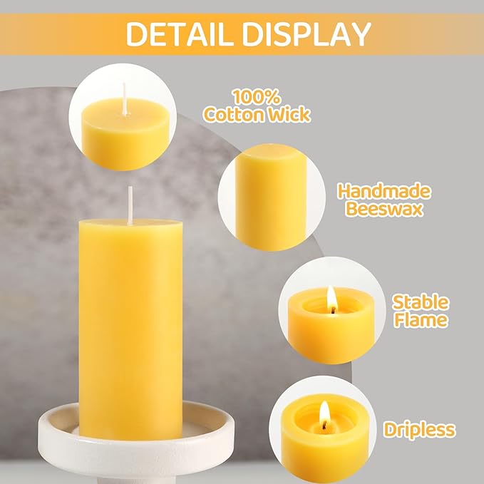 Natural Beeswax Pillar Candles,140 Hours Long Burning Pure Beeswax Candles Bulk,Unscented Bees Wax Candle for Home,Prayer,Dripless Smokeless Organic 100% Pillar Candles 2x4in-4pack