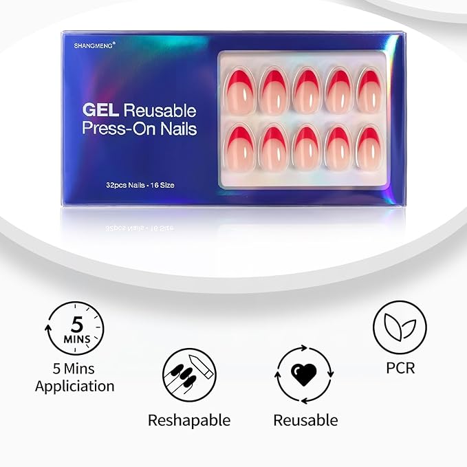 Red French Tip Press on Nails Short - Soft Gel Almond Nails for Women Gift, Fit Perfectly & Natural Glue on Nails with Glue in 16 Sizes - 32 Reusable Fake Nails, Red French