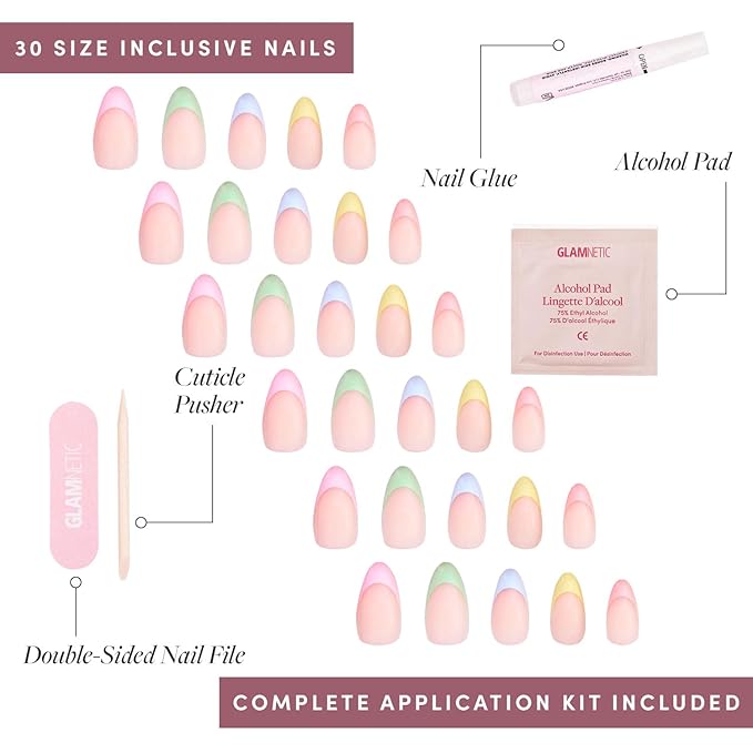 Glamnetic Press On Nails - Confetti | Semi-Transparent, Short Almond Nails, Salon Quality | 15 Sizes - 30 Nail Kit with Glue