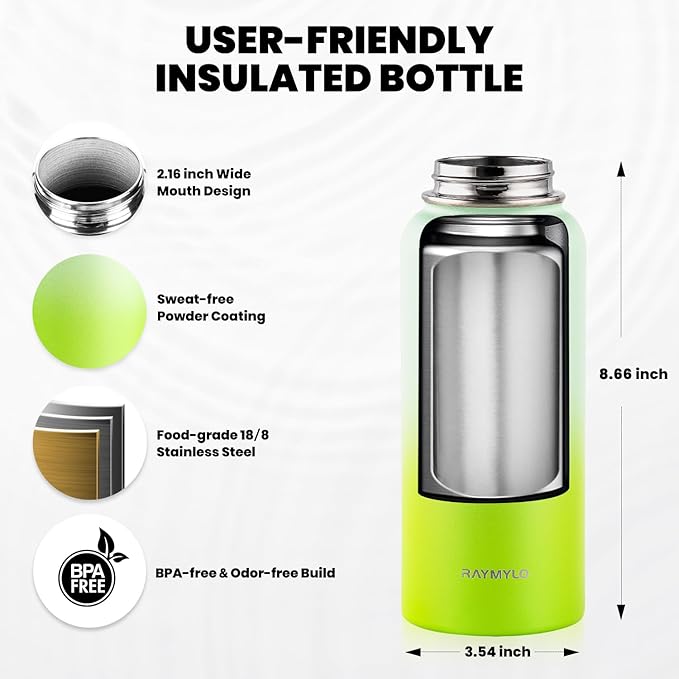 Insulated Water Bottle 32 oz, Triple Wall Vacuum Stainless Steel (Cold for 48 Hrs), Leak Proof & Non-BPA, Modern Water Flask Jug with Paracord Handle & Straw Spout Lids, Ombre Green