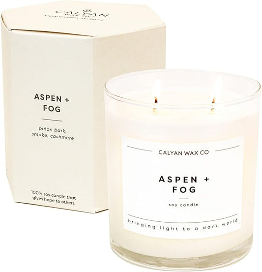 Calyan Wax Co. Aspen & Fog 2 Wick Scented Candle - 37 Hour Burn - Luxury Non Toxic Soy Wax Candles - Long Lasting Large Glass Jar Candle for Home - 8.8oz