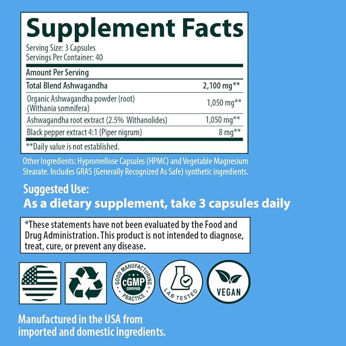 Sanar Naturals Ashwagandha 2,100 mg - Stress & Mood Support Supplement - Promotes Focus and Sustained Energy, Ashwaghanda Powder and Root Extract Blend with Black Pepper - Non-GMO, 120 Capsules