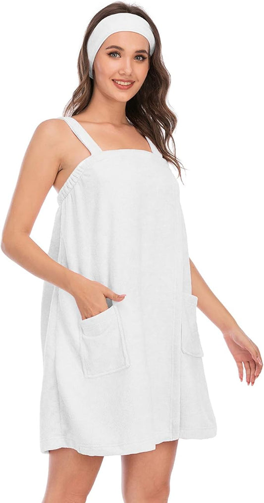 Veseacky Women Bath Wrap Towel for Womens Shower with Pocket Adjustable Spa Robe & Facial Headband