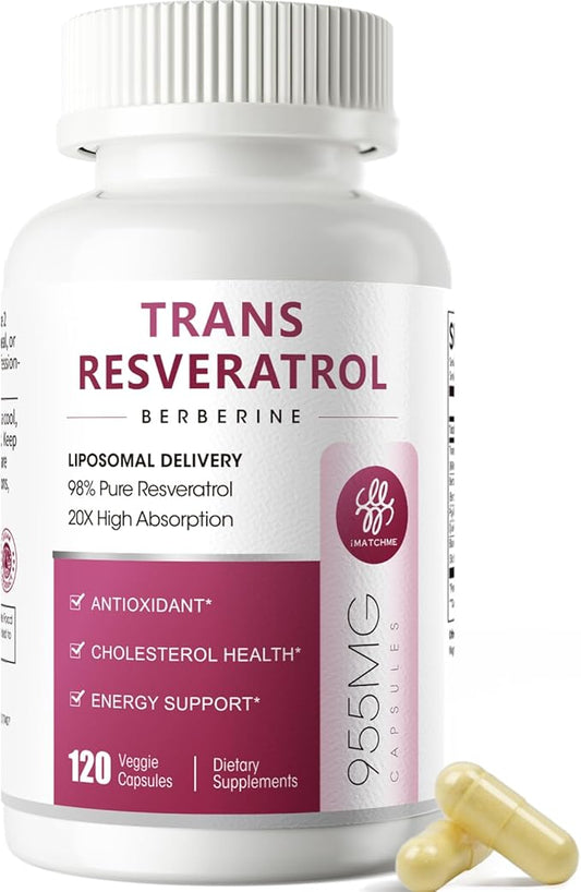 iMATCHME Resveratrol Supplement, 98% Pure Trans Resveratrol 600mg with Liposomal Delivery - Supports Antioxidant, Cholesterol Health, Heart Health, Energy - Vegan, 120 Capsules