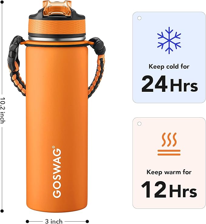 GOSWAG Insulated Sports Water Bottle, 24oz 2 Lids(with Straw/No Straw), Stainless Steel Water Bottles with Paracord Handle, Insulated Bottle with Double-Wall Vacuum Insulation