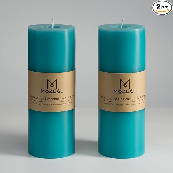 MOZEAL 3" x 8" Hand-Poured Unscented Large Candle,Smokeless Rustic Pillar Candle Set of 2,Slow Burn,No Drip,Approx 150 Hours Burning,Wedding,Dinner,Christmas and Home Decorative,Tall Turquoise Candle
