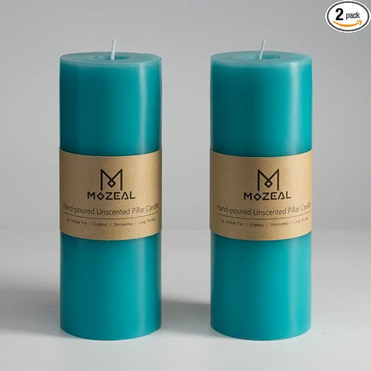 MOZEAL 3" x 8" Hand-Poured Unscented Large Candle,Smokeless Rustic Pillar Candle Set of 2,Slow Burn,No Drip,Approx 150 Hours Burning,Wedding,Dinner,Christmas and Home Decorative,Tall Turquoise Candle