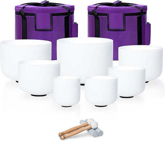 6-12inch White 432hz Quartz Crystal Singing Bowls Set of 7, for Healing Mindfulness Meditation Yoga Sound Baths with Case Mallet Suede Striker