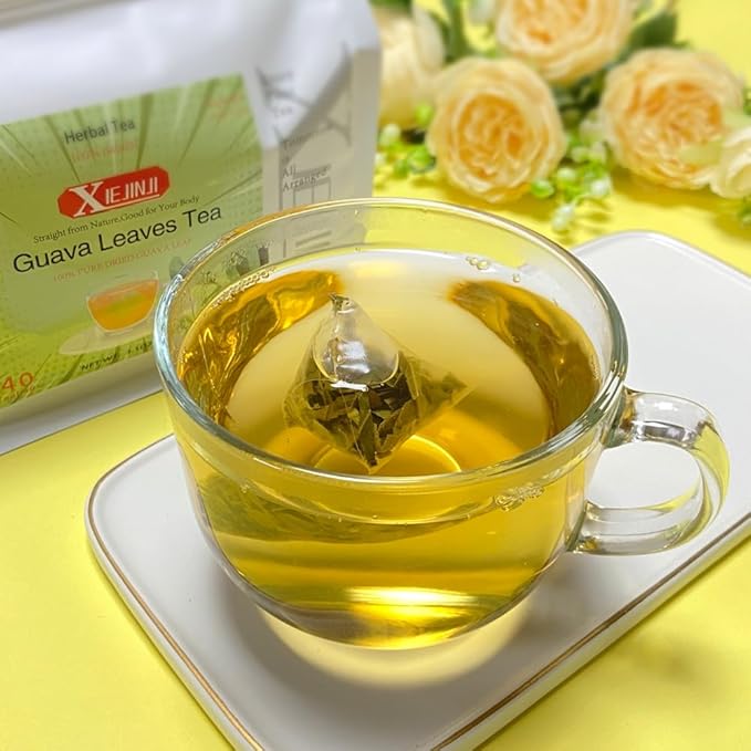 XIEJINJI Guava Leaf Tea Bags, 40 Count, Hojas De Guayaba, Made from 100% Natural Guava Leaves, No Flavoring & No Additives & Caffeine Free, Pyramid Clear Filter Teabag
