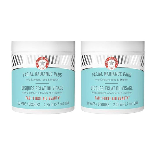 First Aid Beauty - Facial Radiance Pads with Glycolic & Lactic Acids, Daily Exfoliating Pads with AHA, Visibly Smaller Pores, Help Tone & Brighten Skin, One-Step Makeup Prep, Compostable, 60, 2ct