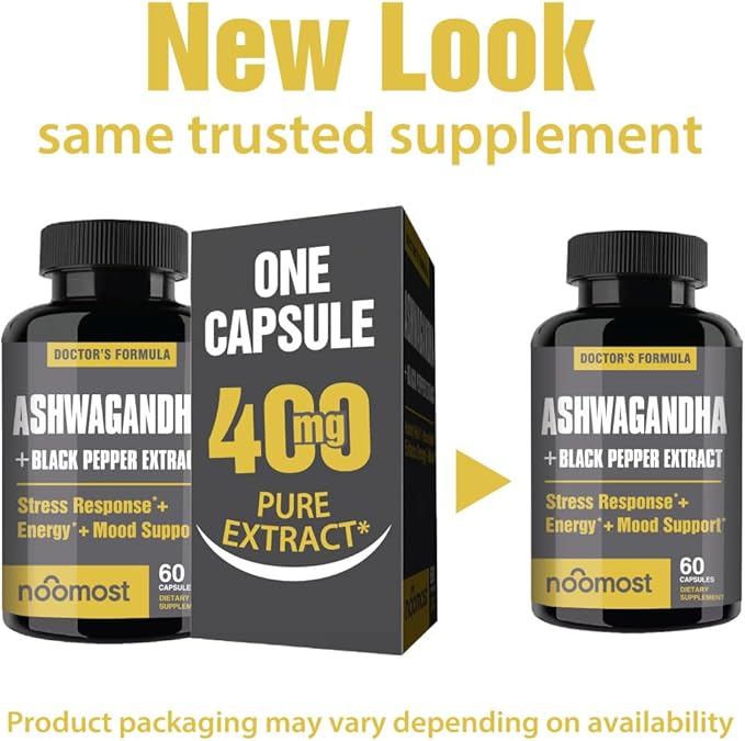 NooMost Ashwagandha Root Extract 15:1 with Black Pepper for Better Absorption - 60 Capsules - Natural Stress, Energy, Focus & Sleep Support - Adaptogen Supplement for Men & Women - Made in USA