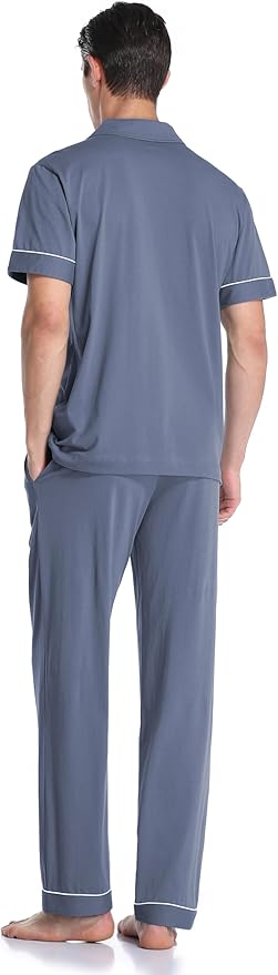 COLORFULLEAF Men's 100% Cotton Pajamas Set Button Down Sleepwear Short Sleeve and Long Pants Pjs
