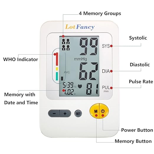 LotFancy Blood Pressure Monitor, Automatic Upper Arm BP Cuff 8.7-14.2” Machine Kit, Accurate Digital BP Gauge, Portable Home Heartbeat Meter, 4 User, 120 Readings Memory, Large LCD Display