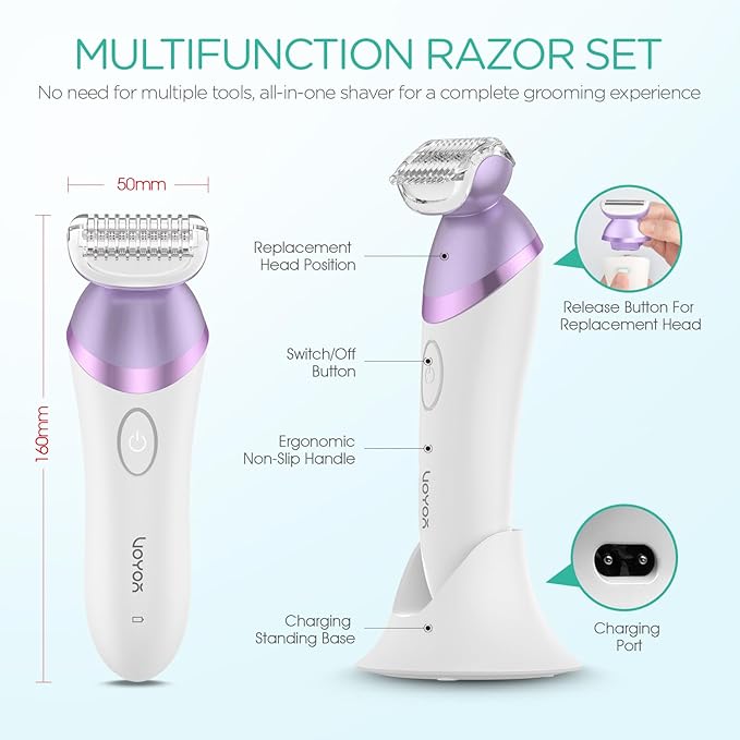 VOYOR Electric Razors for Women 4 in 1 Bikini Trimmer, Foil Shaver for Women 4 Replacement Heads for Body, Pubic Hair Trimmer, Cleansing, Massage 2 Adjustable Speeds Rechargeable Shaver ES501 (Purple)