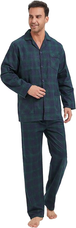 GLOBAL Men's Pajamas Sets 100% Cotton Flannel Sleepwear Long-Sleeve top & Bottom
