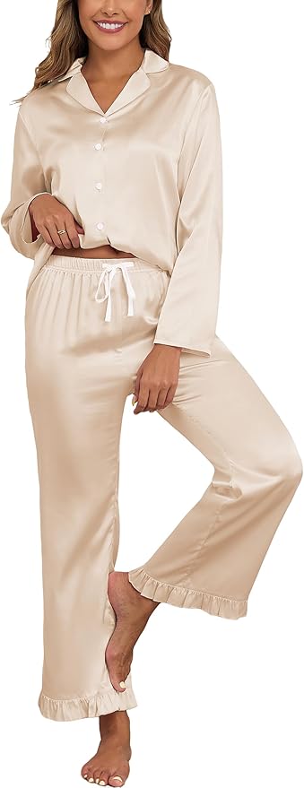 Veseacky Womens Satin Pajama Set Silk Pjs Button Down Long Sleeve Sleepwear Loungewear Sleepwear 2 Piece Pjs Set S-XXL