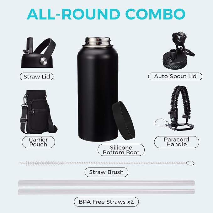 32oz Insulated Water Bottles - with Straw Spout Lid, Bottle Holder Strap Sleeve, Survival Paracord Handle, Protective Cup Mat, Sweat-Proof Water Bottle, Metal Thermo Flask for Sports Workout
