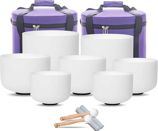 Hye-eun Crystal Singing Bowl Set of 7,Frosted Quartz Chakra Sound Bowls Meditation Set with 2 Pcs Carrying Cases for Yoga Sound Healing