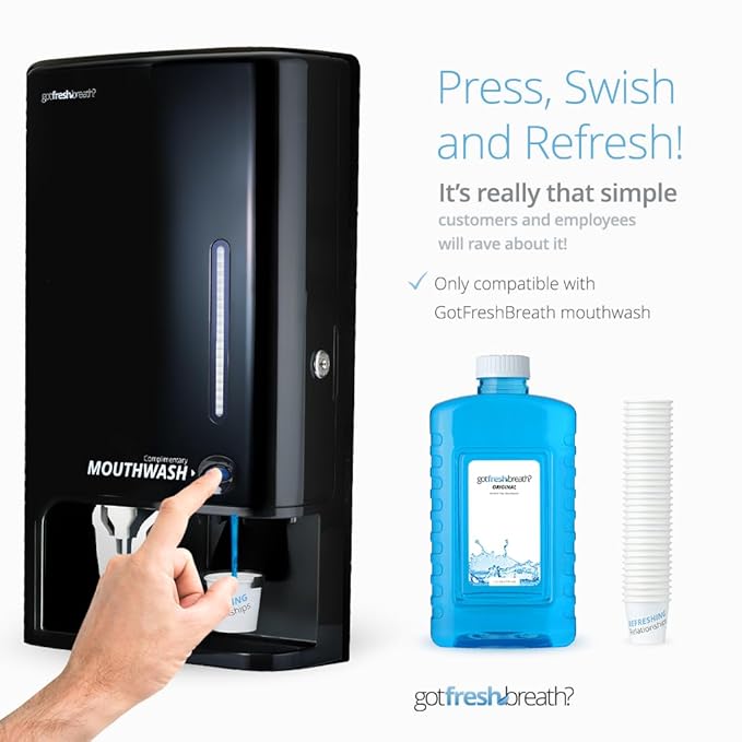 GotFreshBreath Manual Mouthwash Dispenser with Cup Holder – Standing or Wall-Mounted, Slim, Commercial Mouthwash Dispenser with 100 Cups & 50 Oz. Alcohol-Free Mouthwash (Black)…