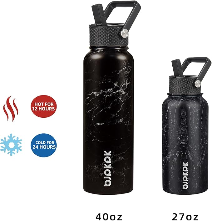 BJPKPK Insulated Water Bottles with Straw Lid, 27oz Stainless Steel Water Bottle with 3 Lids, Leak Proof BPA Free Metal Thermos Mug, Sports Water Bottle Keep Cold & Hot- Midnight (Pack of 5)