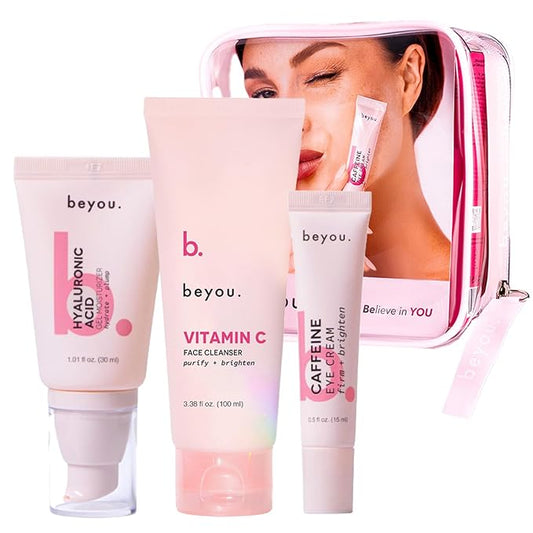 Beyou. All Day Glow Korean Skincare Bundle - K-Beauty Vitamin C Face Cleanser + Caffeine Eye Cream + Skin Booster Hyaluronic Acid Oil-Free Gel Moisturizer - 3-Step Skin Care Holiday Gift Set