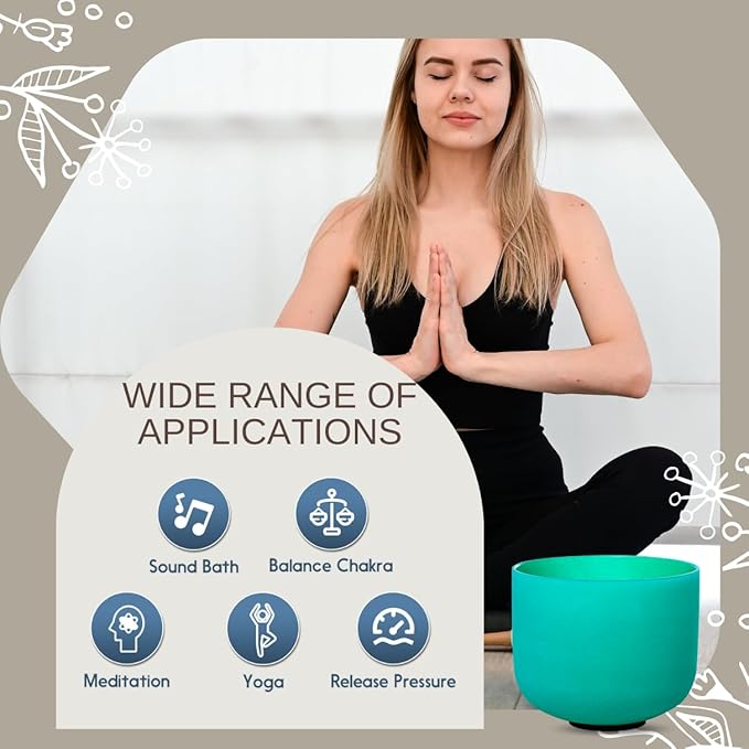 9 inch Green F Note Heart Chakra Quartz Crystal Singing Bowl, for Healing Mindfulness Meditation Yoga Sound Baths, with Rubber Mallet O-ring