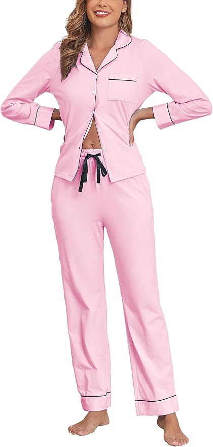 Veseacky 100% Cotton Pajamas for Women Set Long Sleeve Button Down Sleepwear Soft Pjs Lounge Sets with Pockets S-XXL