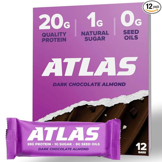 Atlas Protein Bar, 20g Protein, 1g Sugar, 0g Seed Oils, Clean Ingredients, Gluten Free - Dark Chocolate Almond, 12 Count