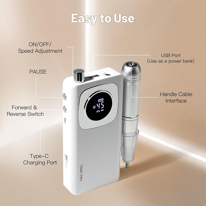 Rechargeable Electric Nail File Professional: Madenia 45000RPM Portable Efile Nail Drill Kit, Cordless E File Nail Drill Machine for Acrylic Gel Nails Salon Home Manicure Use, White